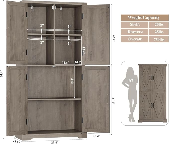 HOSTACK 64" Tall Pantry Cabinet, Modern Farmhouse Kitchen Pantry, Wood Bathroom Storage Cabinet, Large Bookcase, 4 Doors|Adjustable Shelves, for Dining Room, Living Room, Home Office, Ash Grey-DeskLoop Office
