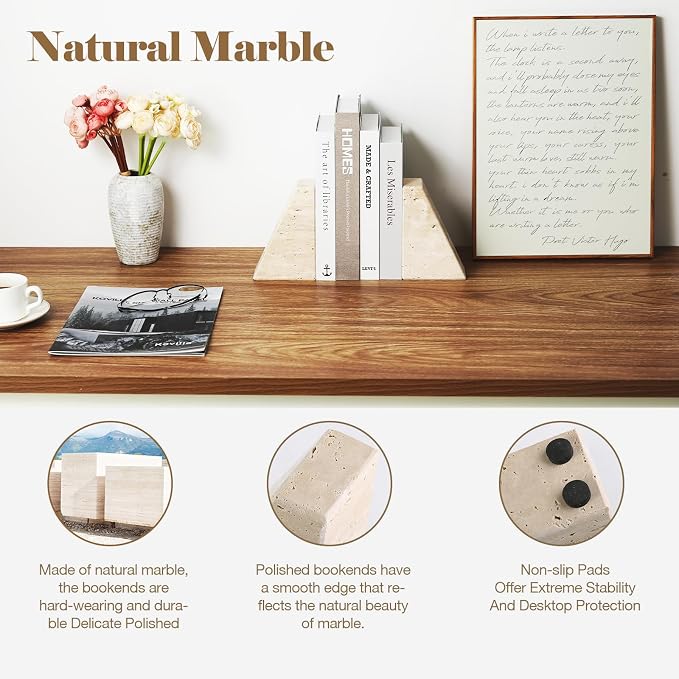 Karibiber Travertine Bookends for Heavy Books, Marble Decorative Bookends for - Image 2