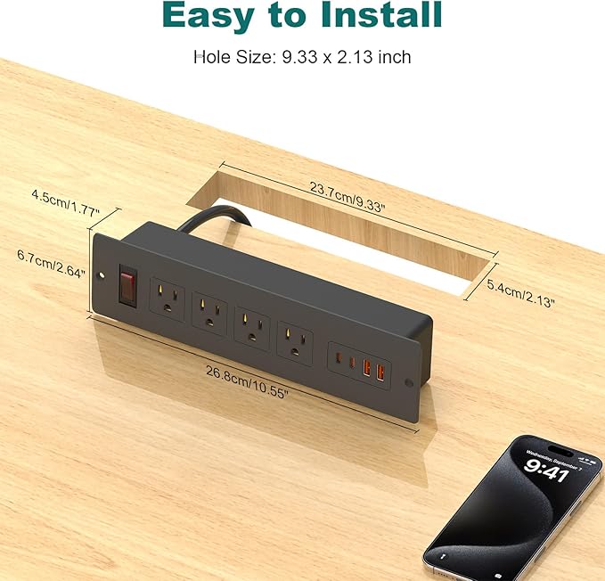 QBA Recessed Power Strip with USB-C 65W, 4 Outlets 2 USB-C & 2 USB-A Ports, Mountable Desk Outlet for Conference Furniture, 45° Angled Flat Plug 6FT Cord, Black-DeskLoop Office