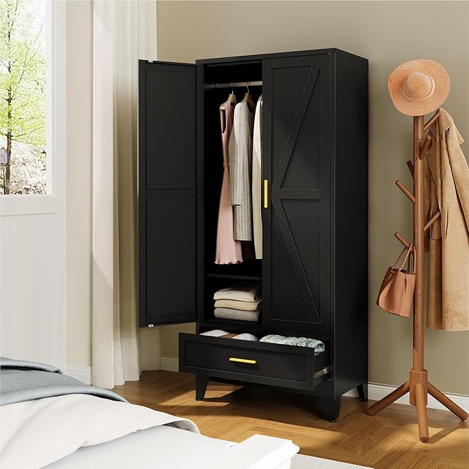 Farmhouse Wardrobe Cabinet with One Drawers,Metal Wardrobe Closet with Hanging Rod,Metal Armoire with Adjustable Shelves for Bedroom,Living Room, Cloak Room,Office (Blue)-DeskLoop Office