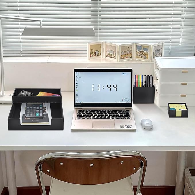 4 Pack Leather Office Supplies/Desk Organizer for Letter Paper Tray,Sticky Note Holder,Pen Cup,Stackable Small Letter Mail Sorter Tray,Workspace Decor for Women Men (Black, 4-piece set)-DeskLoop Office