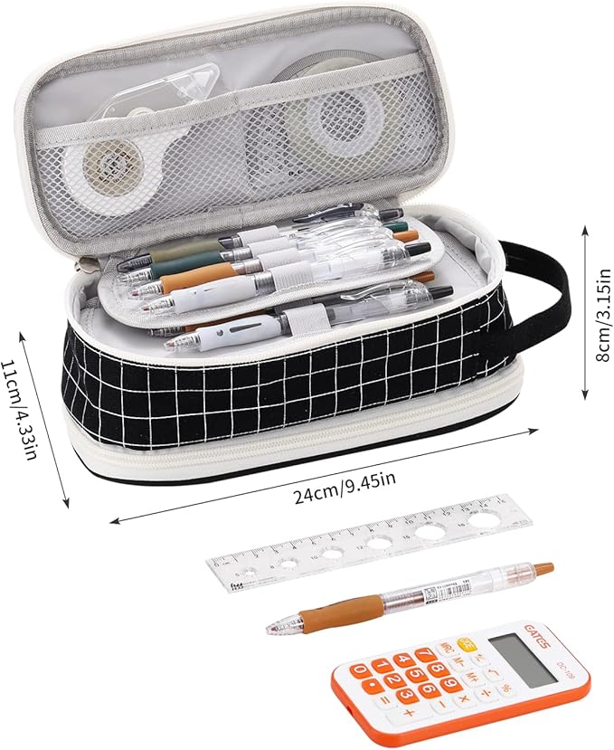 Large Pencil Case Zipper Pencil Pouch for Girls Boys Adults Kids Aesthetic Pencil Bag Organizer Big Capacity Pens Bag with Handle Portable for School Office Black-plaid-DeskLoop Office