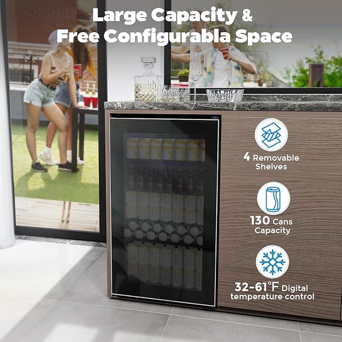 Kndko Beverage Refrigerator Cooler - 130 Can Mini Fridge with Adjustable Shelves, Glass Door, Digital Temperature Control, LED Lighting, Energy Efficient for Home, Office, Bar - 3.2 Cu.Ft, Black-DeskLoop Office