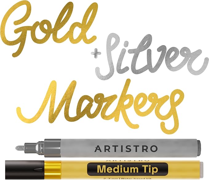 ARTISTRO 2 Gold & Silver Acrylic Paint Markers - 3mm Medium-Tip Paint Pens - by ARTISTRO