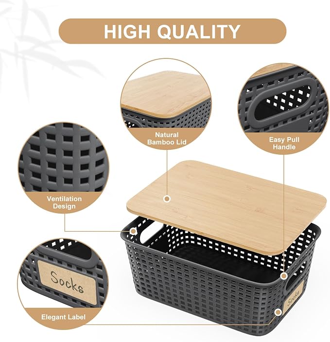 6Pcs Storage Bins with Lids, Stackable Plastic Storage Basket with Bamboo Lid - Image 3