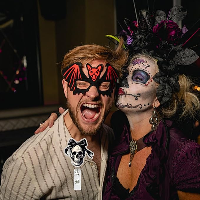 Halloween Skull Badge Reel Retractable for Nurse Nursing Student Medical Worker & Office Staff Acrylic Alligator Clip Badge Reel Halloween Skeleton with Bow ID Card Badge Holder Gifts-DeskLoop Office