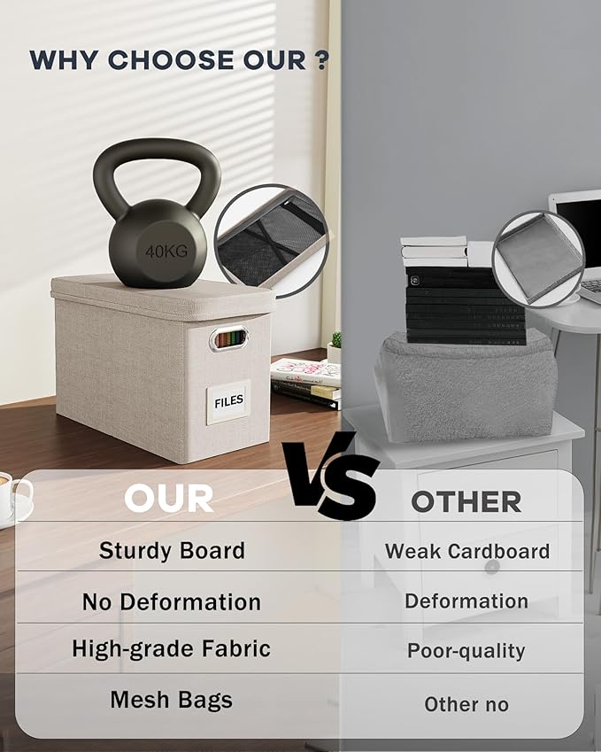 Oterri File Organizer Box with Lid, Hanging Filing File Box with Mesh Pocket, Document Organizer Box for Letter Files, Portable Storage Box with Smooth Sliding Rail for Office&Home (1 PCS, Beige)-DeskLoop Office