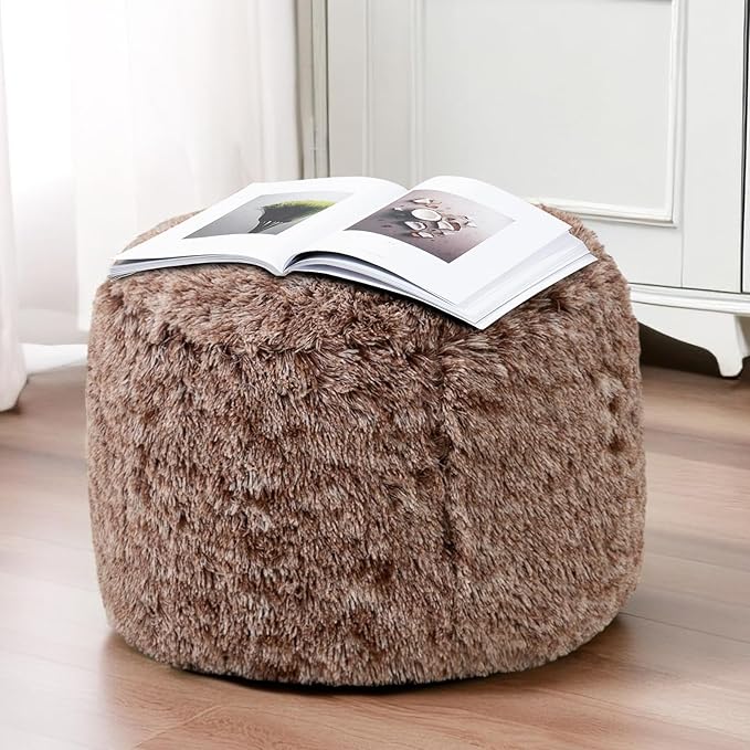 HIGOGOGO Round Stuffed Pouf Ottoman, Long Faux Fur Poufs with Foam Chunk Filling, Fluffy and Furry Pouf Foot Stool Storage Ottoman, 20 X 15 Floor Poufs Foot Rest for Living Room, Snow Coffee-DeskLoop Office