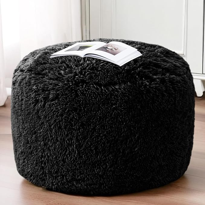 HIGOGOGO Round Stuffed Pouf Ottoman, Long Faux Fur Poufs with Foam Chunk Filling, Fluffy and Furry Pouf Foot Stool Storage Ottoman, 26 X 18 Floor Poufs Foot Rest for Living Room, Black-DeskLoop Office