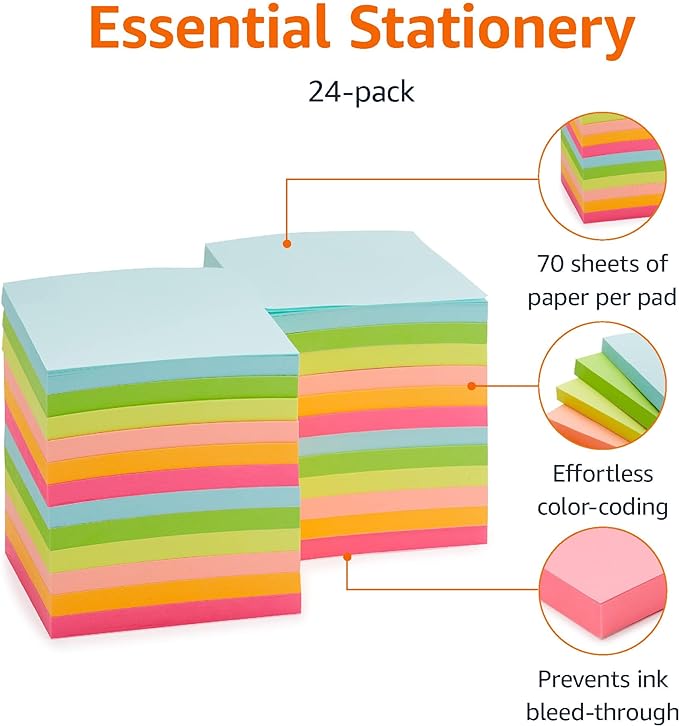 Amazon Basics Square Sticky Notes, Office Supplies for Desk, 3-x-3-inch, 24-Pack, Assorted Colors-DeskLoop Office