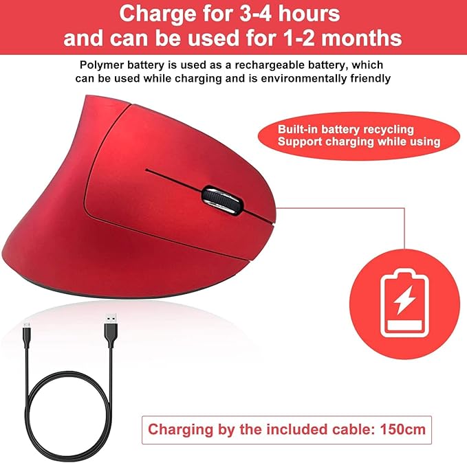 Vassink Ergonomic Rechargeable Wireless Mouse, 2.4Hz Rechargeable Wireless Vertical Optical Mice with USB Receiver, 6 Buttons, 800/1200/1600 DPI RED-DeskLoop Office