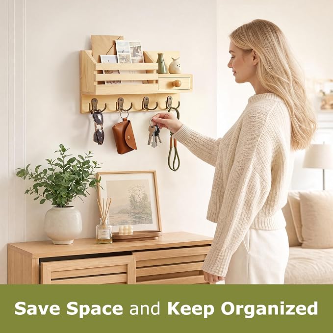 Key Holder Wall Mount, Wooden Adhesive Mail and Key Organizer - Image 2