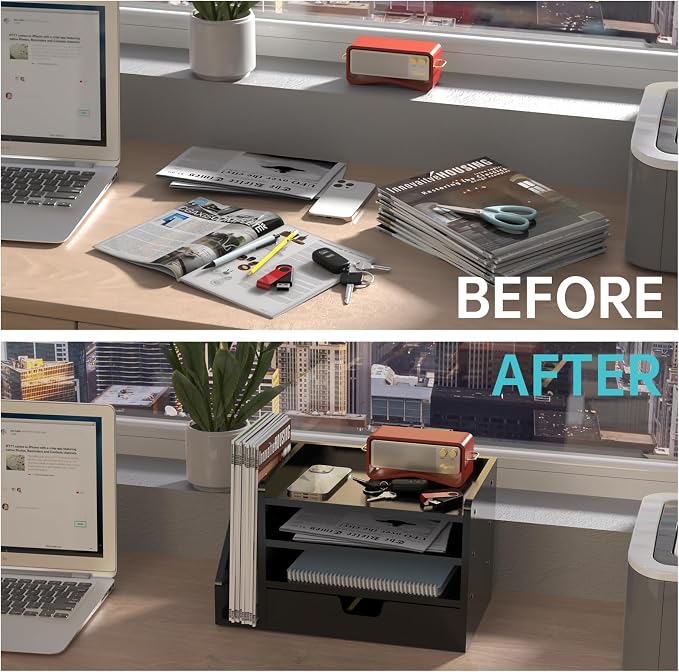 Multi-Tier Wood Desk File Organizer, 3 Tray Shelves & Adjustable Drawer - Image 3