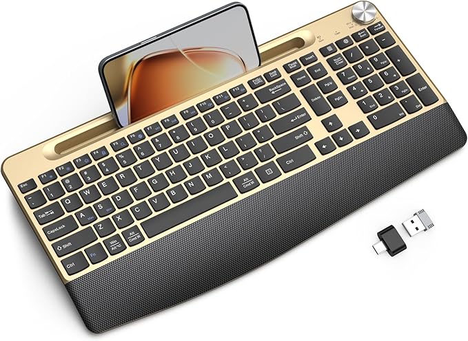 JOYACCESS Ergonomic Wireless Keyboard with Wrist Rest, Phone/Tablet Holder,Windows & Mac OS, 2.4 GHz Wireless, Full-Size,Quiet Keyboard Compatible for Laptop,PC, Mac, Windows -Black Glod-DeskLoop Office