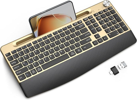 JOYACCESS Ergonomic Wireless Keyboard with Wrist Rest, Phone/Tablet Holder,Windows & Mac OS, 2.4 GHz Wireless, Full-Size,Quiet Keyboard Compatible for Laptop,PC, Mac, Windows -Black Glod-DeskLoop Office