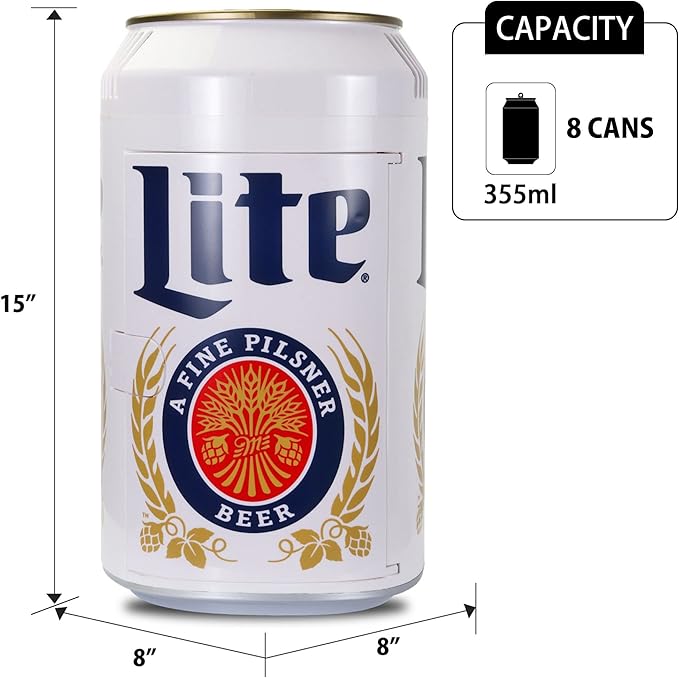 Miller Lite Mini Fridge - Refrigerator for Bedroom Office, Portable Table Top Beverage Cooler, 12V 110V Refrigerador For Drinks, Soda, Wines, Use In Car, Outdoor, Patio, 8 Can-DeskLoop Office