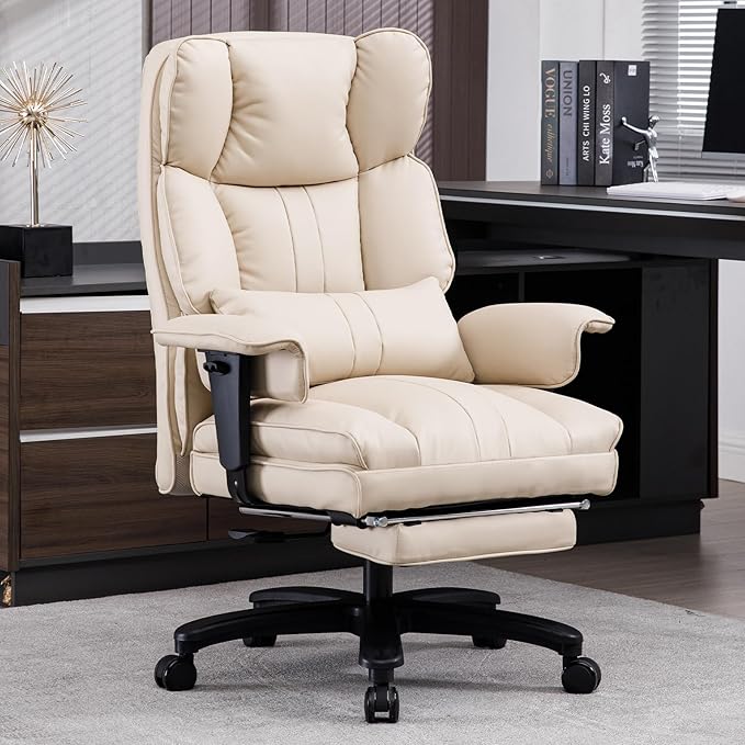 Big and Tall Office Chair 500lbs Wide Seat Executive Office Desk Chair High-Back Office Task Chair with Foot Rest, Ergonomic Lumbar Support Computer Office Chairs for Heavy People(Beige)-DeskLoop Office