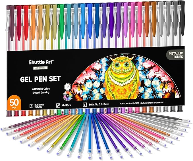 Shuttle Art 50 Pack Metallic Gel Pens, 25 Metallic Gel Pens Set with 25 Refills Perfect for Adult Coloring Books Doodling Drawing Art Markers-DeskLoop Office
