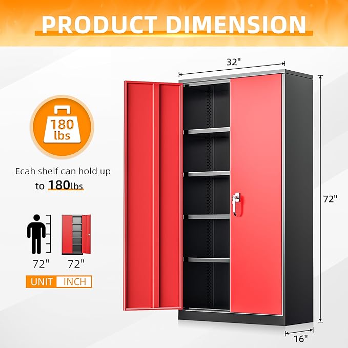 INTERGREAT Garage Storage Cabinet with Lockable Door, 72" H Metal Locking Cabinets with 4 Adjustable Shelves,Black Red Steel Cabinets Storage for Home Office, Warehouse，School-DeskLoop Office