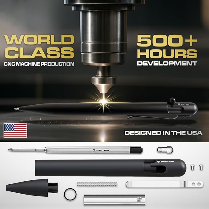 BASTION® Luxury Slim Bolt Action Pen, Durable EDC Pen with Fine Tip, Professional Ballpoint Pen for School and Work - Stainless Steel Black-DeskLoop Office