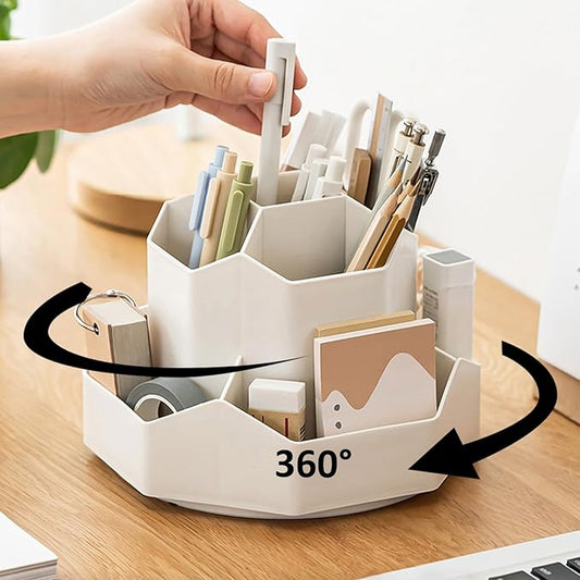 Pencil Pen Holder for Desk, 9 Slots 360 Degree Rotating Desk Organizer, Cute Pen Organizers Stationery Supplies for Office Home & Art Supply (Beige)-DeskLoop Office