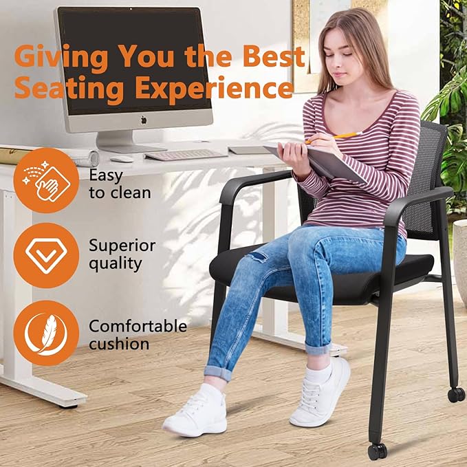 CLATINA Mesh Back Guest Reception Arm Chairs with Wheels, Waiting Room Chairs with Upholstered Fabric Seat and Ergonomic Lumbar Support for Office-DeskLoop Office