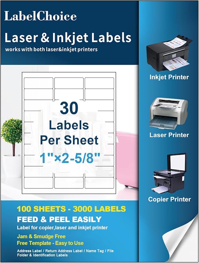 100 Sheets 3000 Pcs 30-up 1" x 2-5/8" Shipping Address FBA Labels by LabelChoice