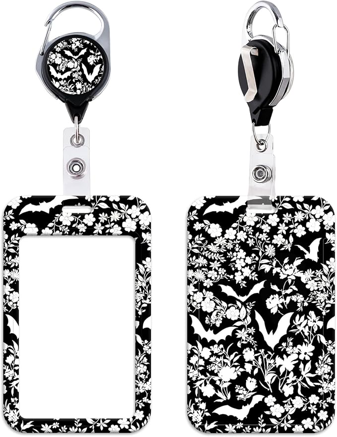 Black Cool ID Badge Holder Bat & Flowers Goth Heavy Duty Keychain Retractable by beemorita