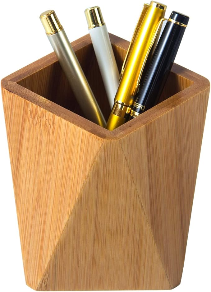 Bamboo Wood Pen Holder Stand for Desk Geometric Pencil Cup Pot Cute Desktop by YOSCO