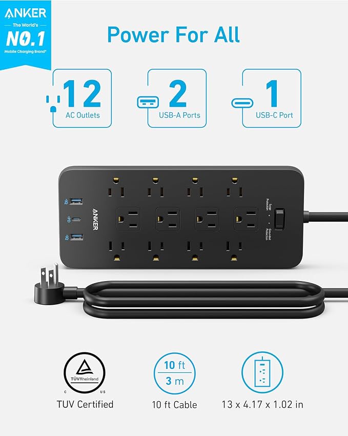 Anker Power Strip with 2100J Surge Protector, Outlet Extender, 10ft Extension - Image 2