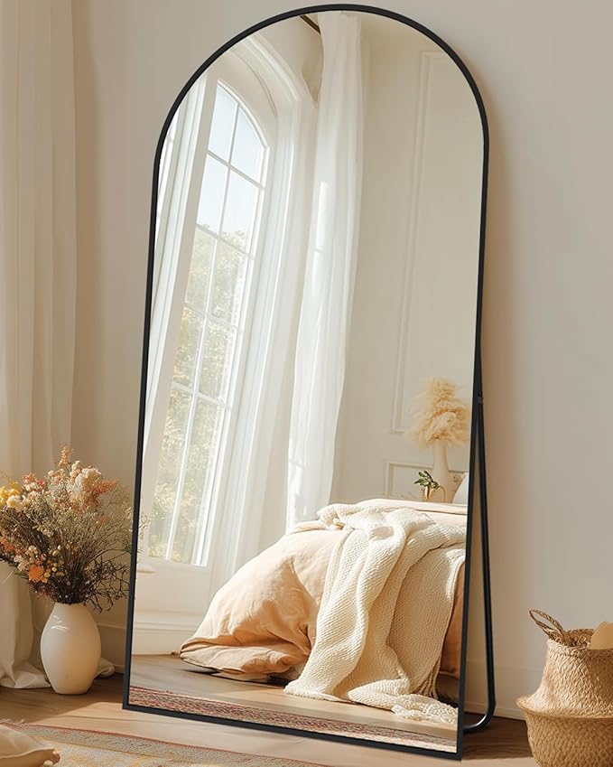 Full-Length Floor Mirror with Stand, 76"x34" Arched Style Full Body Standing Mirror for Bedroom, Living Room, Gym, Dorm - Shatter-Resistant & Easy Assembly, Black-DeskLoop Office