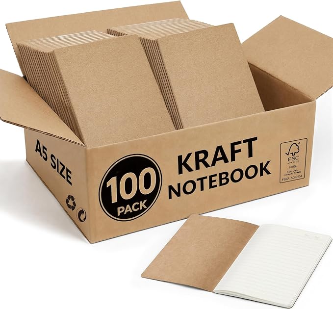 100 Pack Kraft Notebooks Bulk A5, 60 Pages Lined Ruled Journals, 8.3x5.5 Inches by Foliom