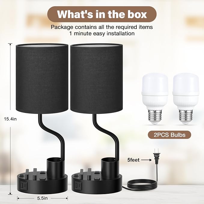 Black Bedside Table Lamps for Bedroom Set of 2 - Image 5