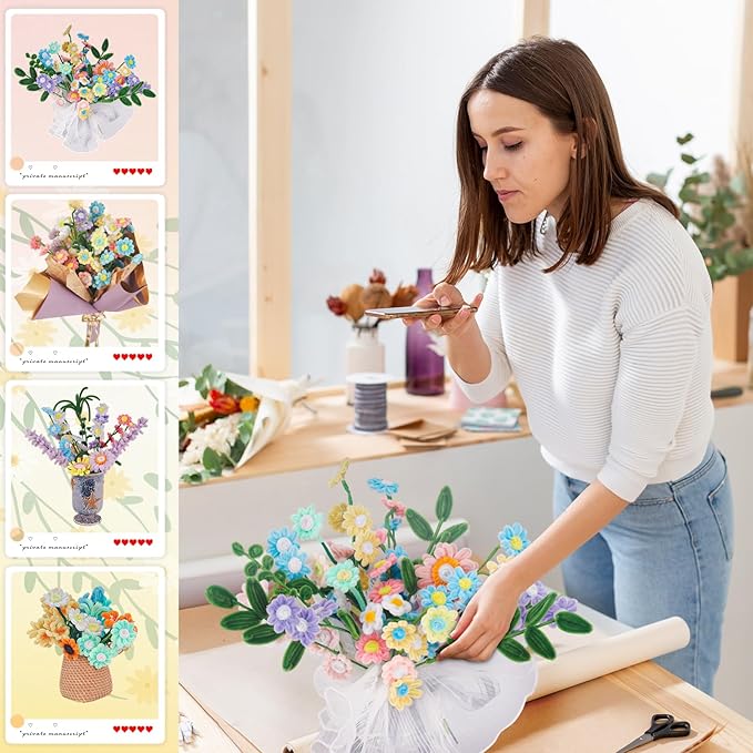 500 PCS Pipe Cleaners Craft Kit for Flower Making Daisy DIY Material Bundle with 20 Stems, 100 Stamens, Ribbon, Tulle, Glue Sticks & Step-by-Step Guide - Vibrant Colors, Non-Shedding, Fade-Resistant-DeskLoop Office