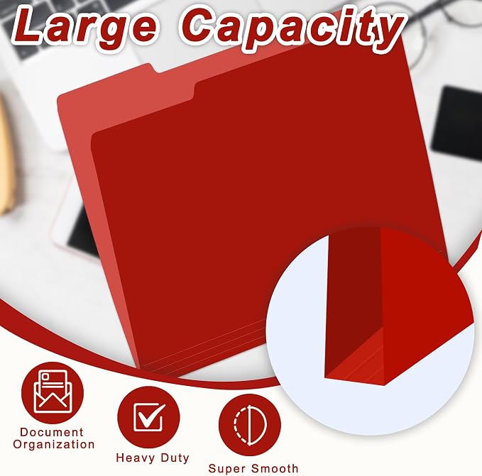 VZCPYTPM 100 Pack Red File Folder, 1/3-Cut Tabs, Paper File Folders Letter Size - Image 8