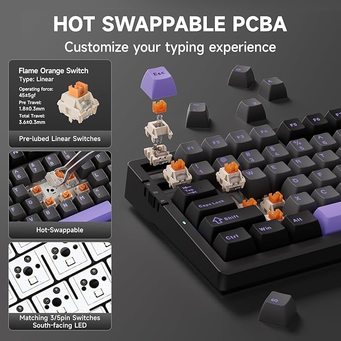 G98 PRO Wireless Mechanical Keyboard, Tri-Mode Connection Gaming Keyboard, Hot Swappable Custom Gasket Structure, Pre-lubed Linear Switches, Double Shot PBT Keycaps RGB LED Backlit Purple&Black-DeskLoop Office