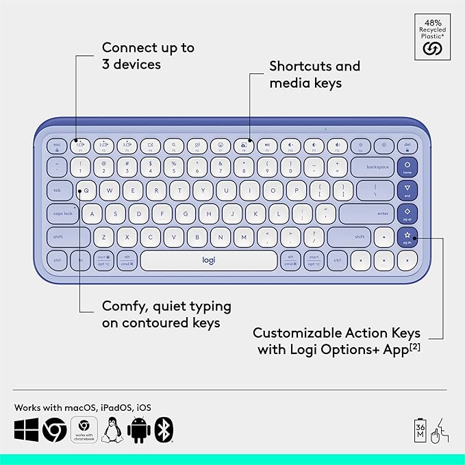 Logitech POP ICON Keys Wireless Bluetooth Keyboard, Comfortable Typing, Programmable Keys, Easy-Switch Between up to 3 Devices, for Laptop, Tablet, PC – Lilac and Off-White-DeskLoop Office
