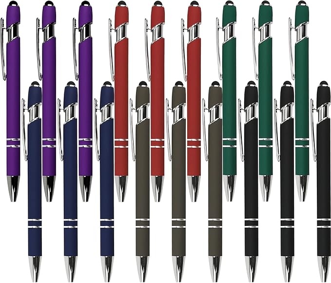 Ballpoint Pen with Stylus Tip, Soft Touch Click Metal Pen, 1.0mm Medium Point, Black Ink, 18 Count(6 Colors)-DeskLoop Office