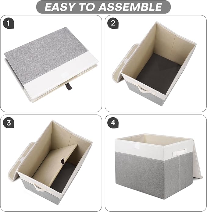Large 22 Quart Linen Fabric Foldable Storage Bin Cube Organizer Basket with Flip-Top Lid & Handles, Clothes Blanket Box for Home, Office, Closet, Gray & White, 4 Pack 14.6 x 9.5 x 9.5”-DeskLoop Office