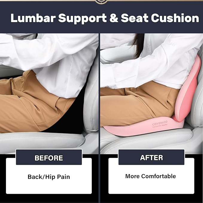 Coverado Seat Cushion and Lumbar Support Pillow for Car Office Chair, Ergonomic Memory Foam Desk Chair Cushion Back Support Pillow, Sciatica & Back & Tailbone Pain Relief Cushion-Pink-DeskLoop Office