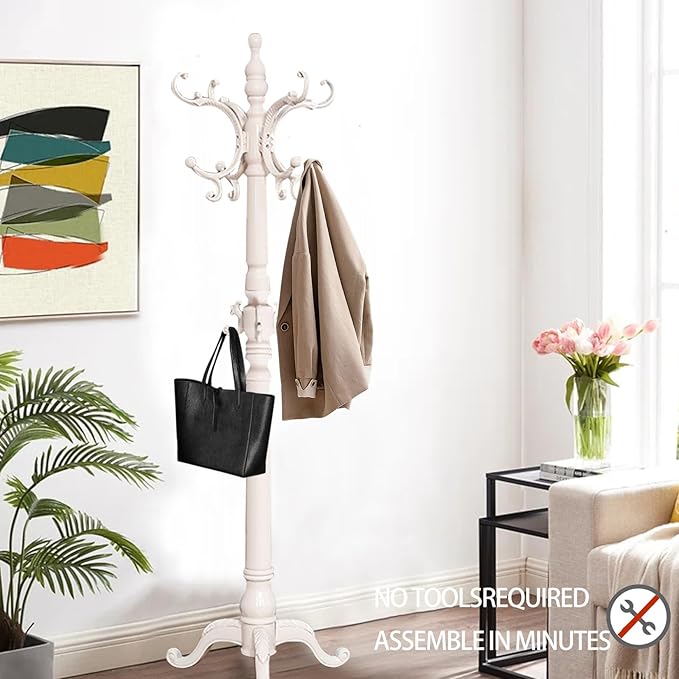 Wooden Coat Racks, Retro 78" Coat Tree with 12 Hooks & Stable Triangular Base, Entryway Coat Rack Freestanding for Hat, Clothes, Scarves, Handbags, Umbrella (Ivory)-DeskLoop Office
