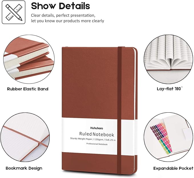 Huhuhero Notebooks Journal, Ruled Notebook, Premium Thick Paper Lined Journal, Black Hardcover Notebook for Office Home School Business Writing Note Taking Journaling, 5"×8.25" (5, Brown)-DeskLoop Office