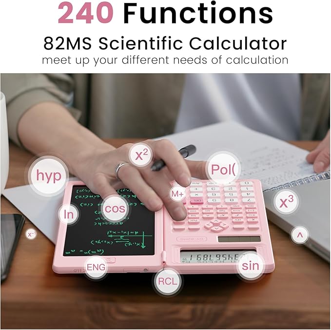 Scientific Calculators for School with Notepad, ROATEE Pink Cute School Supplies for Girls Middle and High School Stuff for Student, 240 Functions 82 MS Foldable 2-Line Display Solar and Battery Power-DeskLoop Office