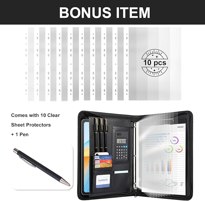 Leathario Portfolio Binder, Includes 10 Sheet Protectors and a Pen, 13 Inch - Image 2