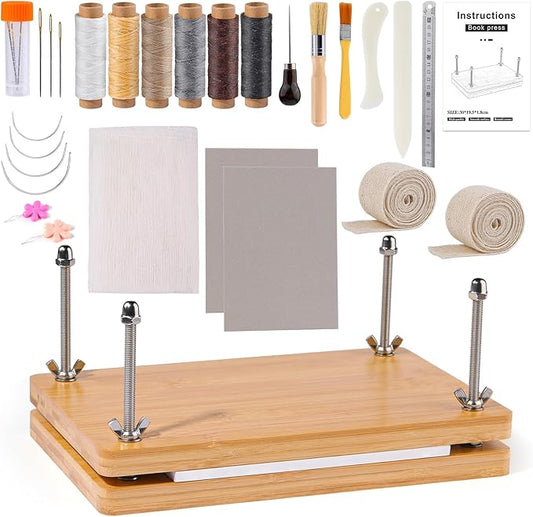 JUPEAN Book Binding Kits, Book Press, 7.9”x11.6”, Books Making Kit Bookbinding Supplies with Wooden Binding Press Books Cover Board Bone Folder Awl Bind Strap for DIY-DeskLoop Office