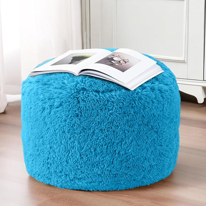 HIGOGOGO Round Stuffed Pouf Ottoman, Long Faux Fur Poufs with Foam Chunk Filling, Fluffy and Furry Pouf Foot Stool Storage Ottoman, 20 X 15 Floor Poufs Foot Rest for Living Room, Blue-DeskLoop Office
