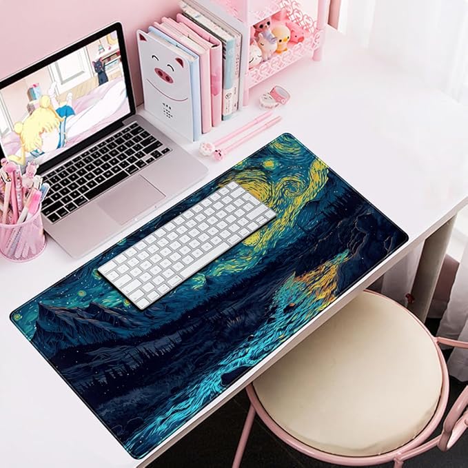 Misty Forest Desk Pad Mat Vincent Van Gogh XL Mouse Pad Gaming Playmat Large Mousepad XXL Desk Laptop Pad Equipped with Waterproof Storage Bag Non-Slip Stitched Edges (31.5x15.7 in)-DeskLoop Office