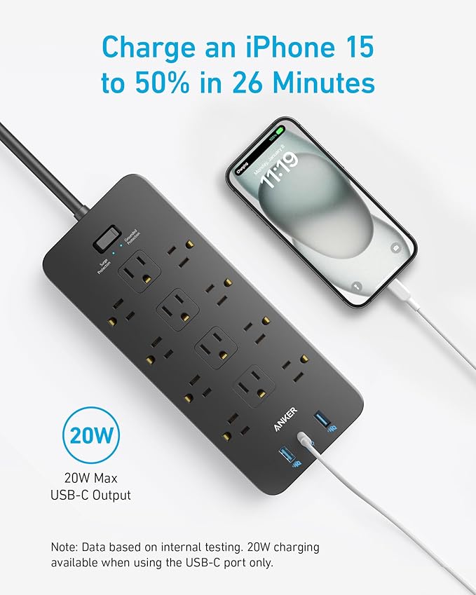 Anker Power Strip with 3 USB Ports, Surge Protector, 12 Outlets, 2 USB-A Ports - Image 3