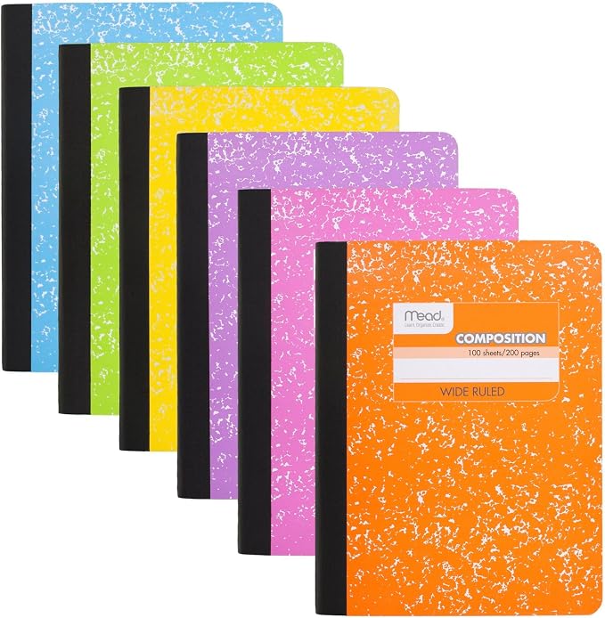 Mead Composition Notebook, Wide Ruled 7.5" x 9.75" Paper, 100 Sheets, 6 Pack by Mead