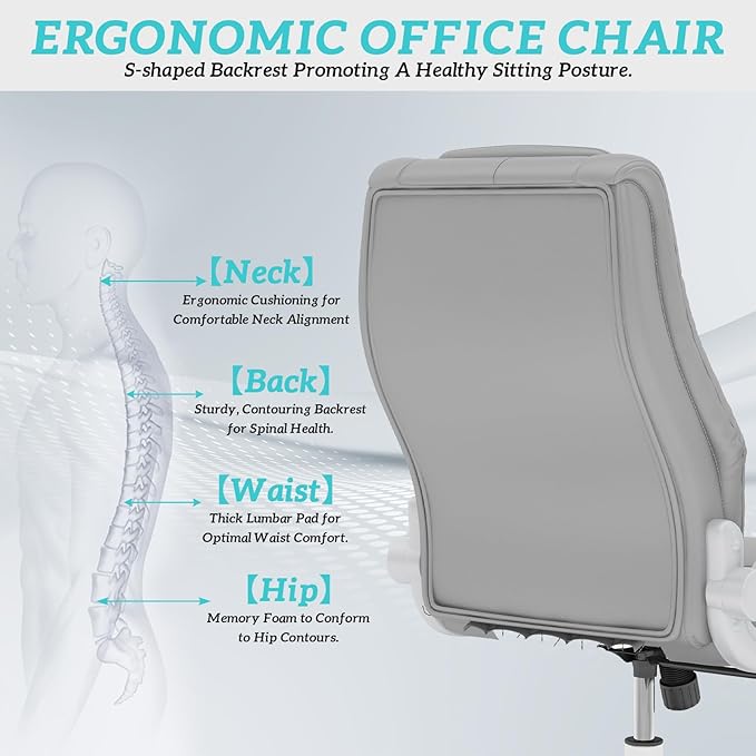 GYI O205P High Back Executive Office Chair, Big and Tall Office Chair 400LBS with Rubber Wheels,Ergonomic Adjustable Computer Desk Chairs with Padded Flip-up Armrests,Lumbar Support (Grey)-DeskLoop Office